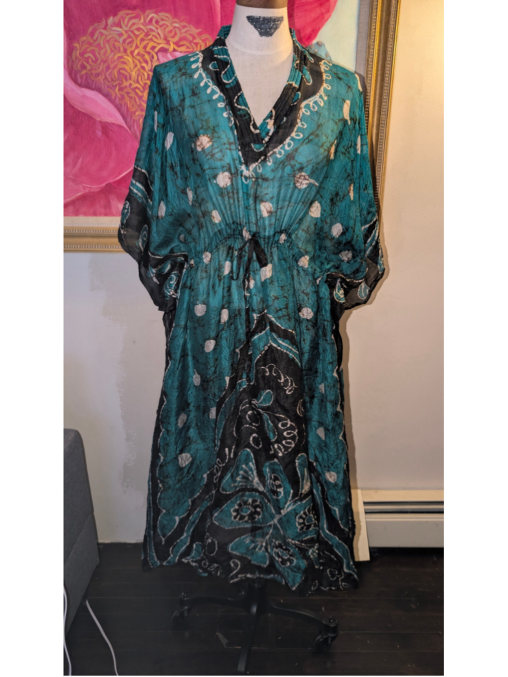 Vintage silk Batik Kaftan Medium Teal Black